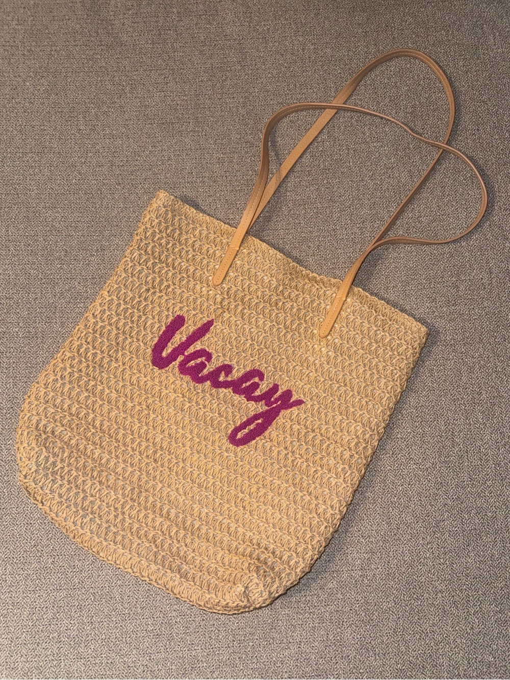 Straw Tote Bag with 'Vacay' Script - Pink Accent